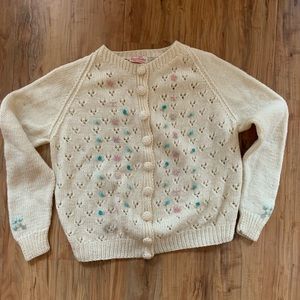 Vintage 1960s 100% Pure Wool Floral Button Up Cardigan Sweater